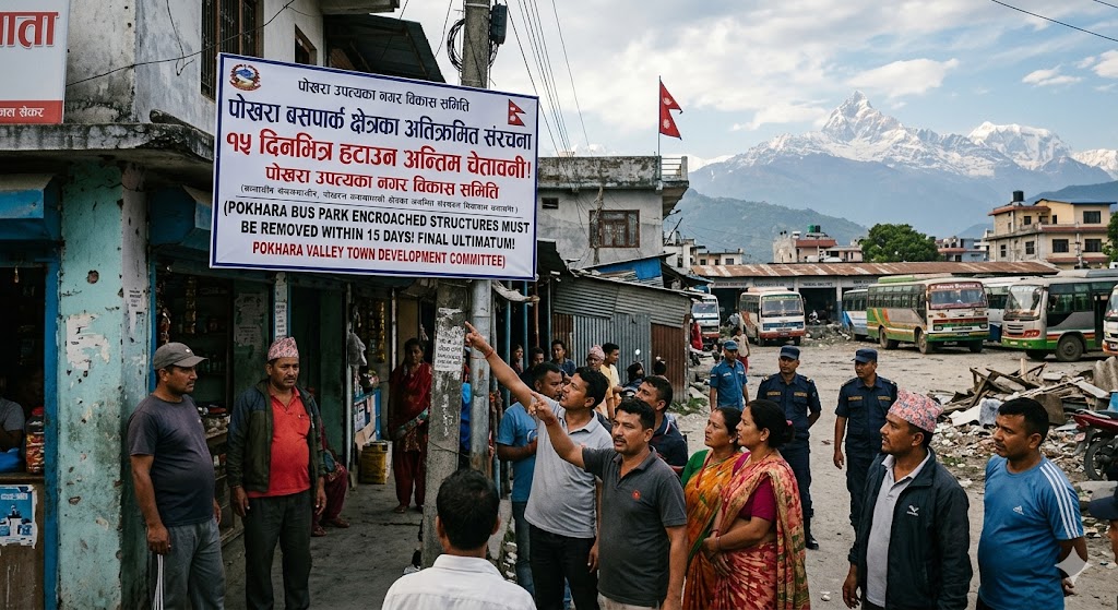 पोखरा बसपार्क क्षेत्रका अतिक्रमित संरचना १५ दिनभित्र हटाउन नगर विकास समितिको अल्टिमेटम