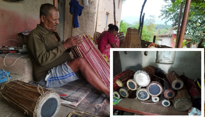 तिहारका लागि मादल बनाउन व्यस्त चित्रे बादी