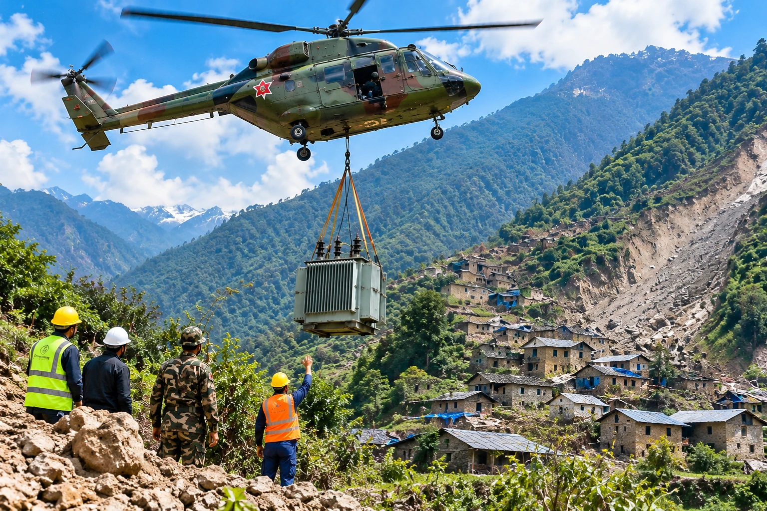 ‘पहिरोले बाटो बन्द भएपछि हेलिकप्टरबाट गाउँमा पुर्‍याइयो ट्रान्सफर्मर’