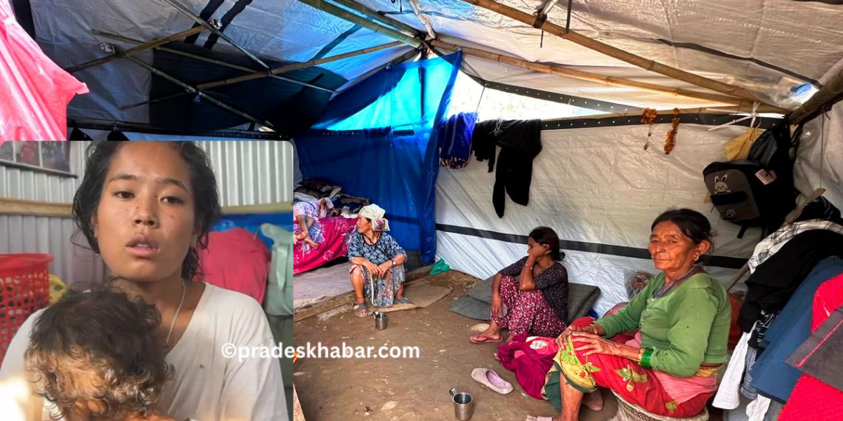 बाढीपछिको इलाम: शिशु काखमा लिएर चिसो पालमुनी रात बिताउँदै आमा