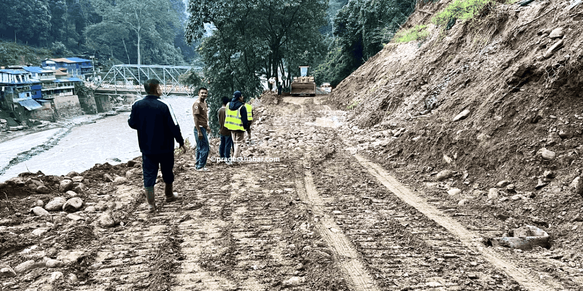 सडकमा धाँजा फाटेपछि मेची राजमार्गको राजदुवाली खण्ड सञ्चालन गर्न कठिनाइ