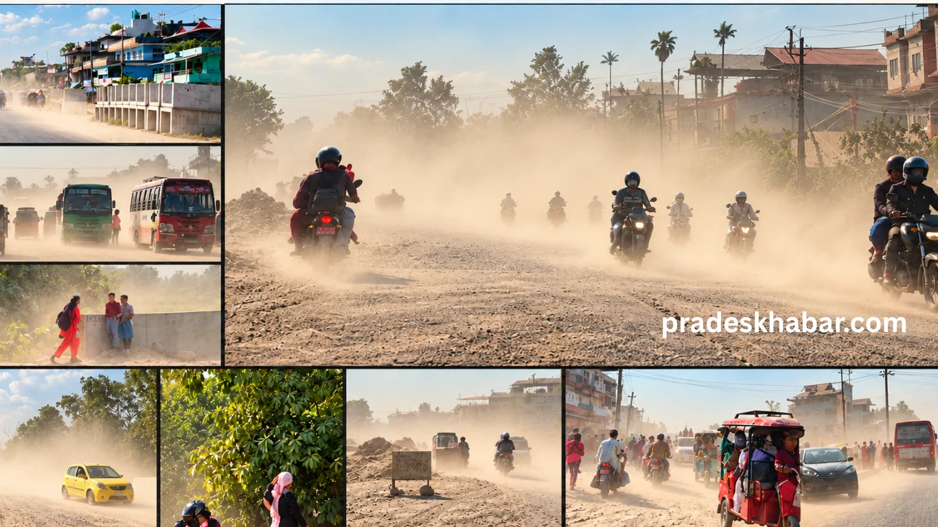 एसियाली राजमार्गको मोरङ–सुनसरी खण्डमा सुस्त निर्माणको मार : दसैँमा पनि धुलो र खाल्डाखुल्डी छिचोल्दै यात्रु