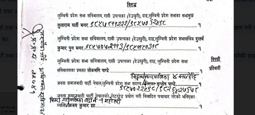 लुम्बिनीका सभामुखसहित पाँच जनाविरुद्ध जालसाजी किर्ते मुद्दा दायर