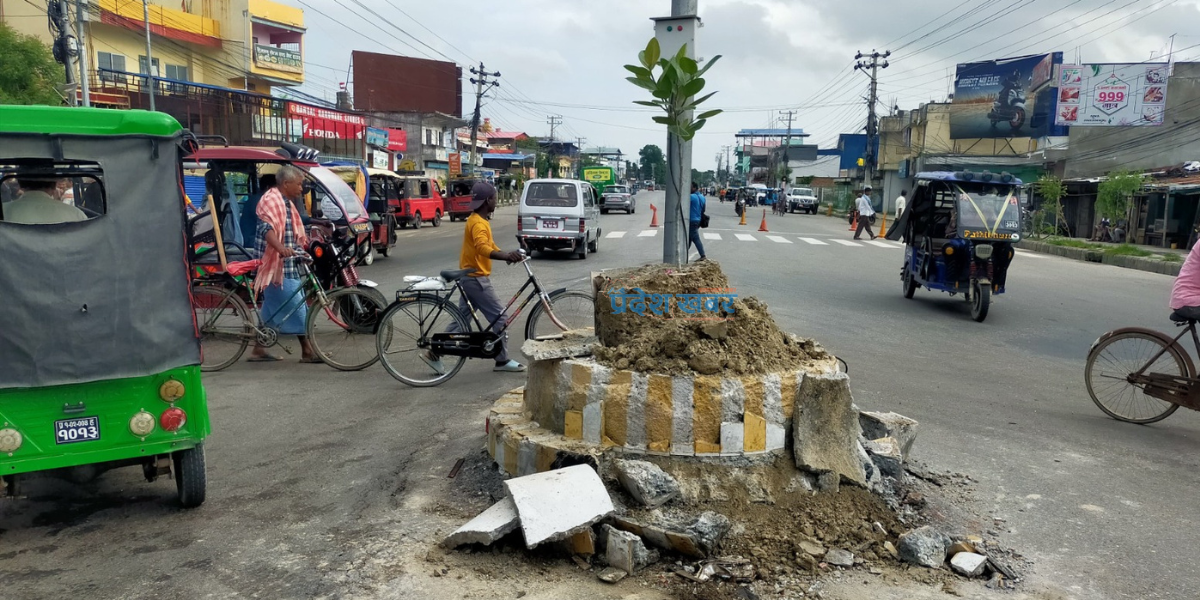 विराटनगरमा ट्रक र ट्यांकर ठोक्किँदा बरगाछीको स्तम्भ भत्कियो, एकजना घाइते