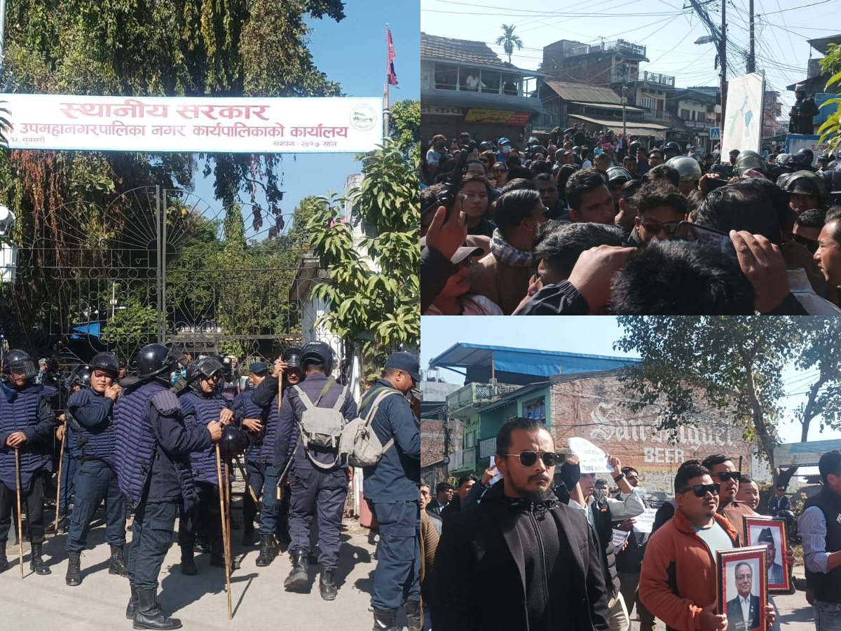 धरानका मेयरले हटाएको राष्ट्रपति र प्रधानमन्त्रीको तस्बिर फेरि राख्न खोजेपछि विवाद